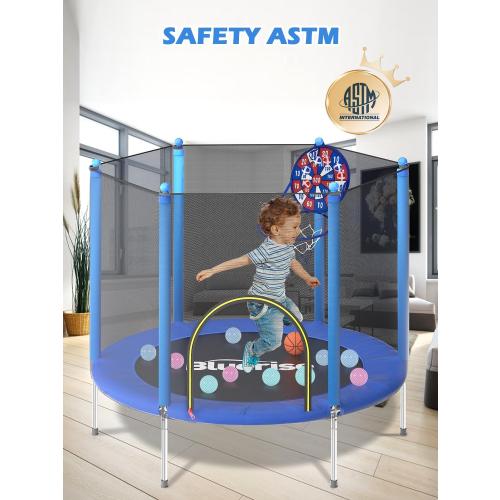 Size 55IN 6FT  Trampoline 55IN 6FT Toddler Trampoline for Kids Indoor Outdoor Play for Kids Trampoline Basketball Hoop Attachment with Enclosure Net Easy to Assemble Outdoor Indoor Trampoline
