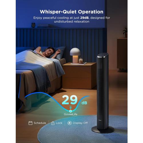 GoveeLife Black Tower Fan for Bedroom, 36 Smart Floor Fan with App/Voice Control, Temperature Sensor, 5 Modes 8 Speeds(25ft/s), 29dB Quiet Oscillating Fan for Office, 24H Timer, Auto Cooling