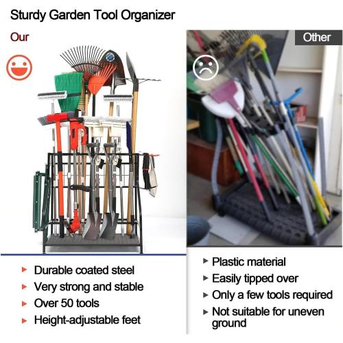 Garden Tool Organizer for Garage，Garden Tool Rack，Tool Organizers and Storage，for Long Handle Tools,Rake,Brooms, Hooks， Small Shovel,Shear，Black