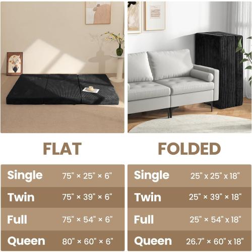 6-Inch Tri-Fold Mattress Twin Size - Foldable Futon Sofa Bed with Removable Washable Cover, Folding Memory Foam Futon Mattress | Non-Slip Bottom & Carry Handles for Guest, Camping, Dorm