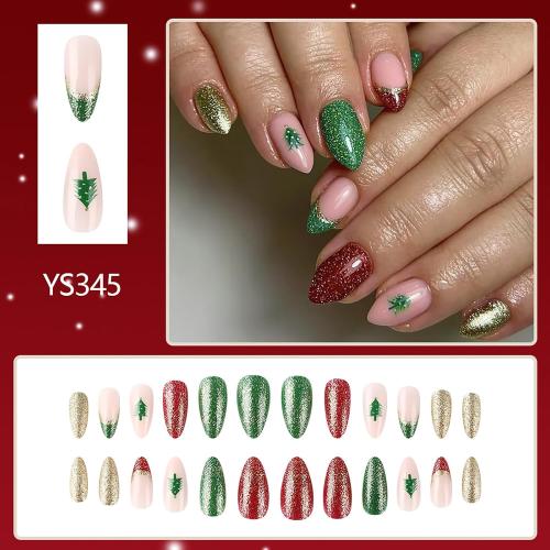 24Pcs Christmas Almond Fake Nails Short Press on Nails Pink Green Golden Acrylic Nails French Tip with Xmas Tree Glossy Glitter Glue on Nails Winter Stick on Nails Christmas Nails for Women
