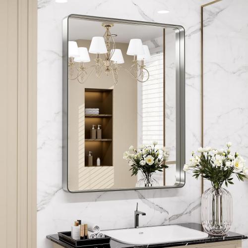Size 24X32 Inch LOAAO Brushed Nickel Bathroom Mirror, Rounded Rectangle Silver Metal Frame Mirror, Brushed Nickel, Anti-Rust, Shatter Proof, Hangs Horizontally or Vertically