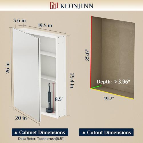 Keonjinn 20 x 26 Inch Medicine Cabinet for Bathroom, Silver Mirrored Medicine Cabinet, Assembly Required, Freely Adjustable Shelves, Tempered Glass, in Wall or Surface Mount