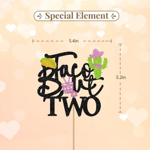 Taco Bout Two Cake Topper, Fiesta 2nd Birthday Cake Decor, Black Glitter Cactus 2 Years Old Cake Topper for Girl, Mexican Fiesta 2nd Birthday Party Decoration