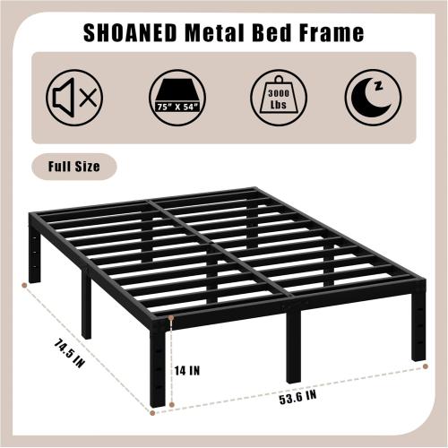 Full Metal Bed Frame - 14 Inch Tall Heavy Duty Bedframe Black Basic Steel Slats Platform No Box Spring Needed/Easy Assembly/Noise Free