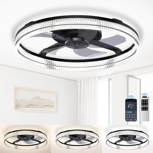 Color Black Ceiling Fans with Lights and Remote, Stepless Color Temperature Change and 6 Speeds, Flush Mount LED Ceiling Fan for Bedroom, Kids Room, Living Room - 20 Modern Ceiling Fans (Black)