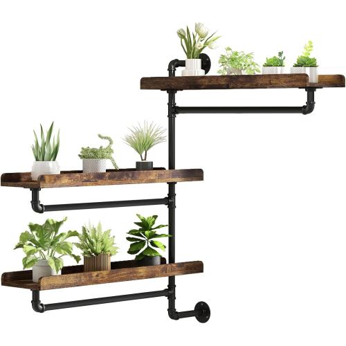 Rotating Window Plant Shelves w Powerful Storage,Floating Shelves for Plants w Industrial Pipe,Strong Load-Bearing,Plant Shelf Made of Waterproof Wood for Home Decor & Plant Pots,3 Layer