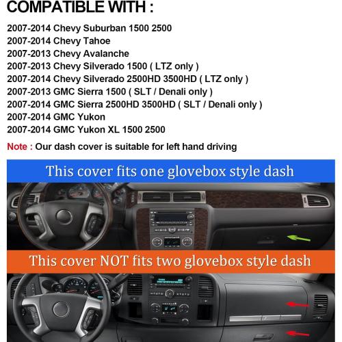 HanLanKa Dashboard Cover Dash Mat Compatible with 2007-2014 Chevy Chevrolet Tahoe Suburban,2007-13 Chevy Avalanche Silverado 1500 2500 3500 LTZ/GMC Sierra SLT Denali,2007-14 GMC Yukon XL (Brown)