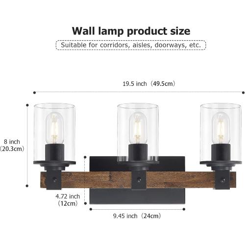 DUJAHMLAND Farmhouse Vanity Light Fixture,3-Light Bathroom Wood Wall Light Over Mirror with Clear Glass Shade, Rustic Vintage Wall Sconce Lighting.(Antique Wood, 3-Light)