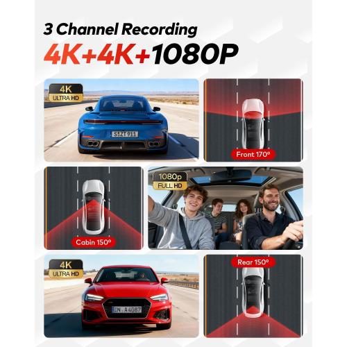 4K 4K 1080P Dash Cam Front and Rear with Cabin, Free 128GB Card Included, WiFi 6 - up to 20MB/s, IR Night Vision, Built-in GPS, G-Sensor, 170°Wide Angle, 24H Parking Mode, Support 512GB Max