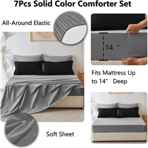 CozyLux Black Queen Comforter Set - 7 Piece Bed in a Bag Bedding Set with Comforter, Flat Sheets, Fitted Sheet, Pillowcases & Shams - Boho Contrasting Design Black and Grey