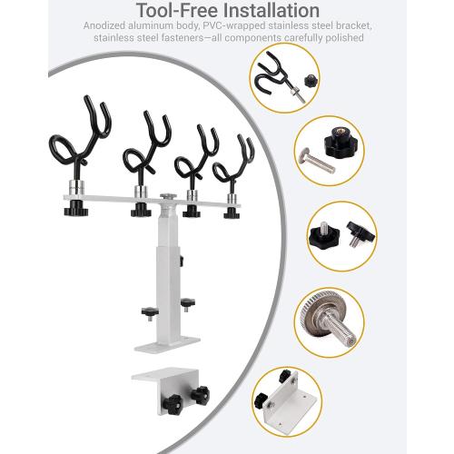 Crappie Rod Holder System for Boat Track Mount, 4-Rod Adjustable Spider Rig Holder, Marine Aluminum & Stainless Steel, Fits Most Standard Track Systems