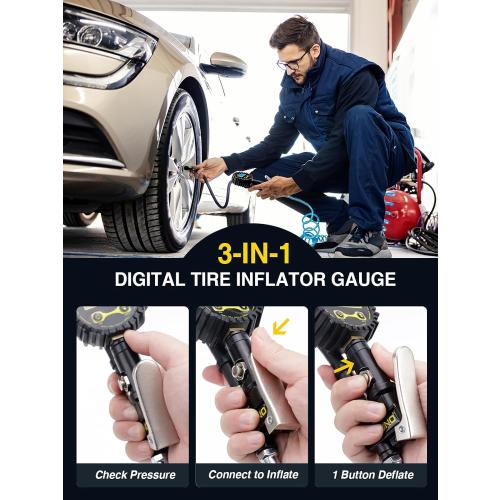 AZUNO Digital Tire Inflator with Pressure Gauge, 200 PSI, Heavy Duty Air Compressor Accessories, with Rubber Hose Lock on Air Chuck and Quick Connect Coupler, Comes with a Portable Carrying Box