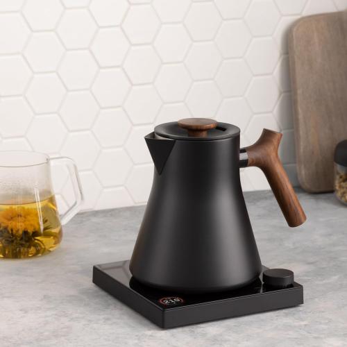 Fellow Corvo EKG Pro Studio Edition Electric Tea Kettle - Quick Heating, Precise Temperature Control, Scheduling, Built-in Brew Timer - Matte Black with Walnut Handle - 0.9 Liter