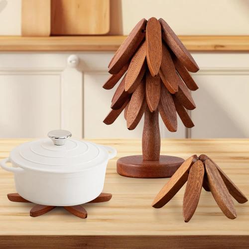 Wooden Trivets for Hot Dishes, Hot Dish Coaster with Tree-Shaped Wood Collapsible Hot Pad Trivet Tree for Restaurant, 4 Wooden Trivet   1 Stand（Walnut Wood）