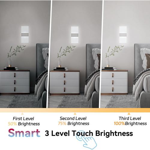 Battery Operated Wall Sconces,Rechargeable USB Wall Lamps Set of Two for Living Room Bedroom Hallway,Three Level Light Adjustment,Bedside Lights,Touch Control Switch White Light