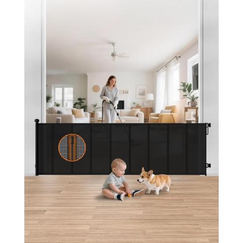 Retractable Baby Gate Extra Wide, 100 Wide Anti-Sagging Pet Gate with 8 Support Rods, 34 Tall Scratch-Resistant Extra Long Dog Gate for Large Openings, Doorways & Open Spaces, Black