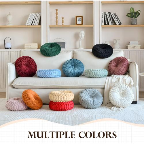 Round Throw Pillow Velvet Home Decoration Pleated Round Pillow Cushion for Couch Chair Bed Car Light Blue