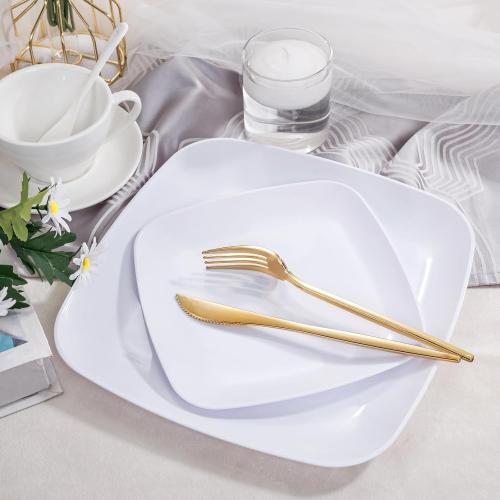 PULOTE 60PCS White Square Plastic Plates Disposable - Heavy Duty Party Plates Include 30 Dinner Plates,30 Dessert Plates for Parties&Weddings