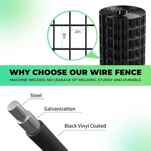 Size 48 Inch x 50 Foot, 2 Inch x 3 Inch Garden Fence Black PVC Coated Welded Wire Fencing 48 Inch x 50 Foot, 2 Inch x 3 Inch 16GA, Garden Border Fencing Roll Vinyl Coating Metal Wire Mesh for Yard Vegetable Plant Protection Poultry Netting