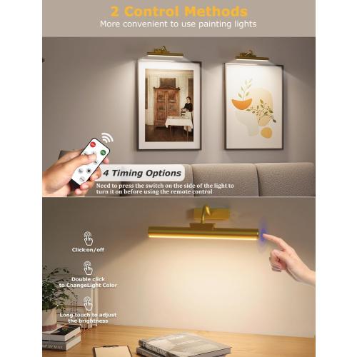 Picture Light Battery Operated, 13in Wireless Art Light for Paintings, Dimmable 5000mAh Recharging Battery Picture Light with Remote Control for Wall, Gallery Dartboard Art Bedroom (Gold-2Pack)