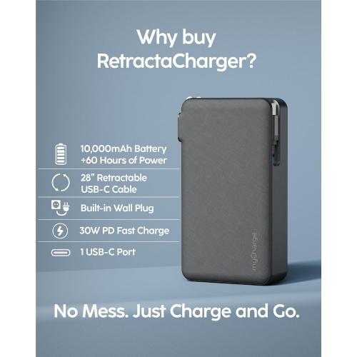 myCharge RetractaCharger 10000mAh Portable Charger Power Bank with 28-Inch Retractable USB-C Cable | Premium Fabric | Built-in Wall Plug | 30W PD Fast Charging | USB-C/A Ports | Digital Display