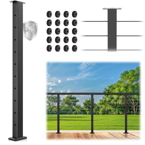 36 Cable Railing Post, Fixed Top Level Drilled Line Post with Cable Grommets, Stainless Steel Black Powder Coated Finish Handrail Post, Heavy-Duty Wire Railing Post for Wood/Concrete Deck
