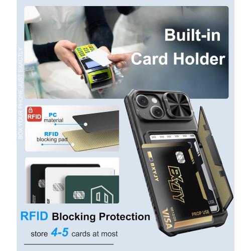 for iPhone 15, iPhone 14, iPhone 13 Wallet Case with Card Holder(4-5 Cards), Slide Camera Cover, Military Drop & RFID Protection, Heavy Duty Women Men Phone Case for iPhone 15/14/13, Black