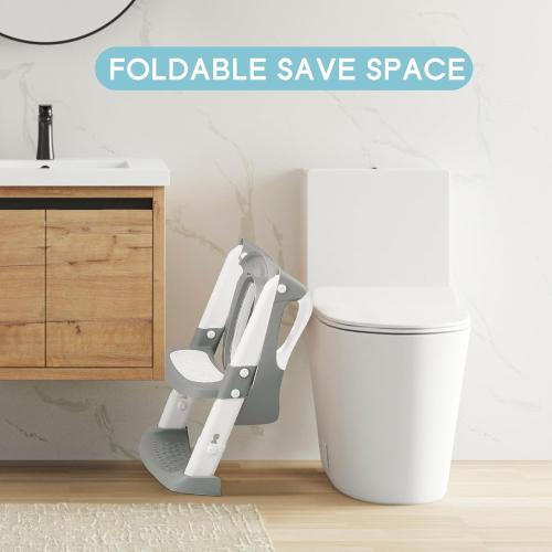 COOSEYA Potty Training Toilet with Step Stool Ladder, Toddler Kids Potty Training Seat for Boys Girls, Foldable Non-Slip Toilet Toddler Seat Splash Guard Soft Cushion Safety Handles (Grey)