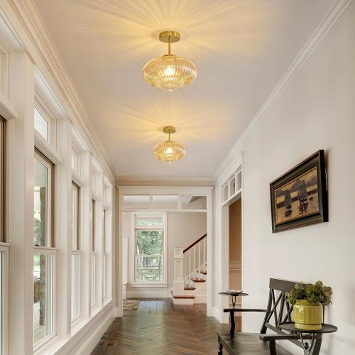 Amber Ribbed Glass Ceiling Light: 11.8 Vintage Semi Flush Mount Ceiling Lights - Mid Century Modern Brass Light Fixture - Minimalist Drum Decorative Lighting Fixtures for Bedroom Living Room Entryway