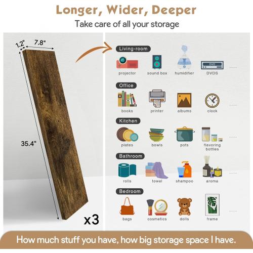 Forbena 36 Inch Floating Shelves for Wall Long Set of 3, Large Deep Wall Shelves for Bedroom Living Room Decor, Rustic Wood Floating Shelf for Kitchen Closet Office TV Plants Books (Dark Brown)