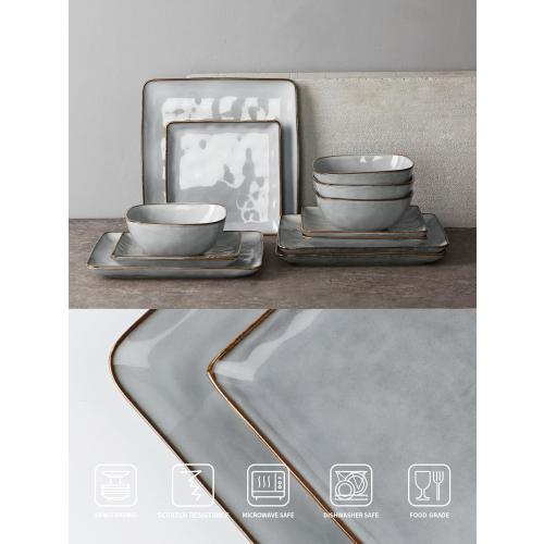 Famiware Dinnerware Sets for 8, Ocean Square 24-Piece Kitchen Plates and Bowls Sets, Microwave and Dishwasher Safe, Scratch Resistant, Grey
