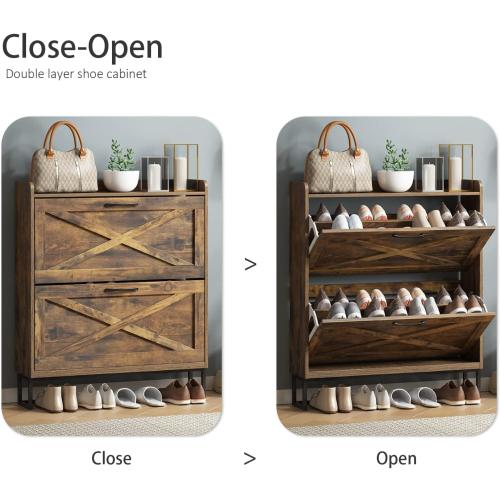 Maupvit Shoe Storage Cabinet with 2 Flip Drawers, Freestanding Shoe Organizer with Metal Legs for Entryway, Narrow Shoe Rack Cabinet, Rustic Brown