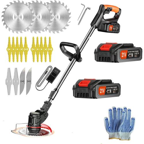 Weed Wacker Battery Operated, 21V 2Ah Battery Powered Weeder String Trimmer with 2 Batteries and 3 Blades, Weeder Lightweight Powerful Weeder Battery Powered for Yard and Garden Weeder (Black)