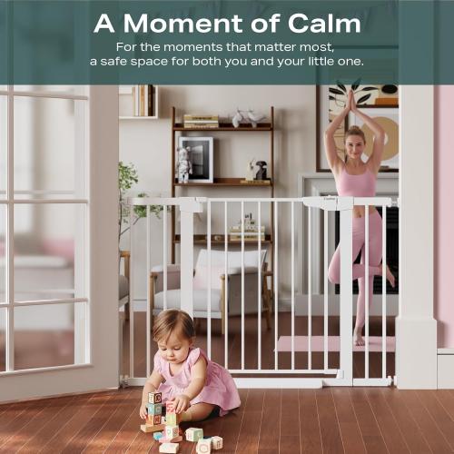 Cumbor 30-46 Baby Gate for Stairs, Toddler Safety Essentials for The House, Auto Close Dog Gate for Doorways, Mom's Choice Awards Winner-Easy Install Pressure Mounted Pet Gates for Dogs, White