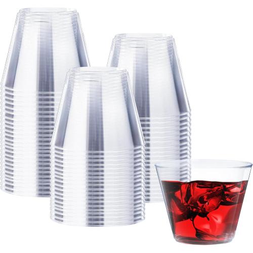 9 oz Clear Plastic Cups, 100 Pack Disposable Fancy Cup for Wedding, Cocktail Cups 9 Ounce, Bulk Clear Plastic Tumblers for Iced Coffee, Cold Beverage