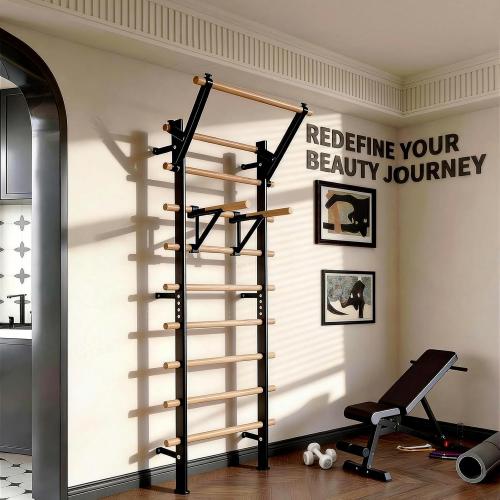 GMWD Swedish Ladder, Stall Bar, Suspension Trainer with Pull-Up Bar and Dip Bar Attachments, Wooden Stall Bar with 9 Strategic Rods for Core Strengthening and Stretching Balanced for Body Exercises