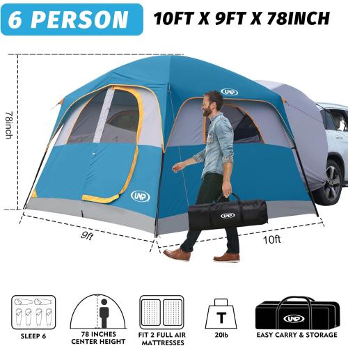 UNP SUV Tents for Camping 6 Person Car Camping Tailgate Tent for Outdoor | Easy Set Up with Rainfly Double Layer Waterproof Family SUV Cabin Tent 10'X9'X78in(H)