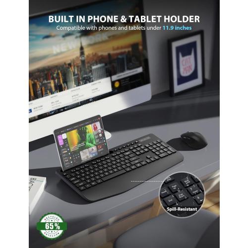 Wireless Keyboard and Mouse Combo - Full-Sized Ergonomic Keyboard with Wrist Rest, Phone Holder, Sleep Mode, Silent 2.4GHz Cordless Keyboard Mouse Combo for Computer, Laptop, PC, Mac, Windows -Trueque