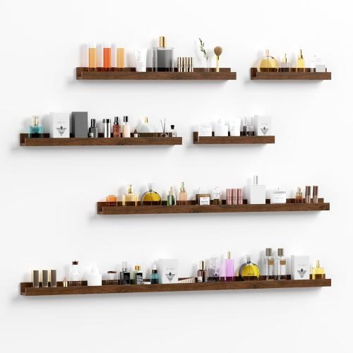 Vinyl Record Shelf Wall Mount, 6PC Album Record Holder Display, Wood Floating Shelves, Wood Ledges for Wall, 0ffice Wall Shelves, Album Shelves, Magazine Rack Walnut - 1x48In, 1x36In, 2x24In & 2x12In