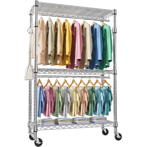 Size 17.7 D x 47.2 W x 83.6 H Heavy Duty Rolling Garment Rack 3 Tiers Adjustable Wire Shelving Clothes Rack with 2 Rods and Side Hooks, Storage Closet Clothing Rack with Wheels Chrome 17.7 D x 47.2 W x 83.6 H