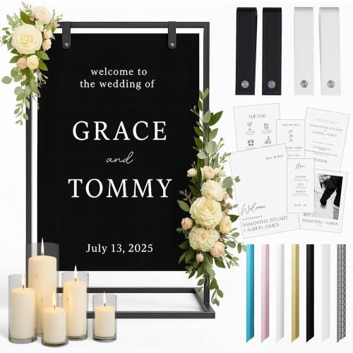 Black Wedding Sign Holder Stand - Elegant Metal Welcome Sign Stand for Wedding, Baby Shower, Bridal Party - 2 Sign Straps, 7 Ribbons for Hanging - Sturdy Display Easel for Seating Chart & Fabric Signs
