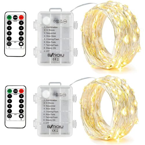 2 x Fairy Lights Battery Operated,Silver Wire Chains 8 Mode 16Ft/5Meter 50 LEDs Timer String Lights with Remote Control for Bedroom Christmas Party Wedding Decoration(Warm White)