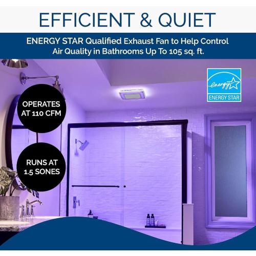 Broan-NuTone AER110RGBL ChromaComfort 110 CFM Ventilation Fan with 24 Color Selectable LED, 1.5 Sones, ENERGY STAR Certified, White