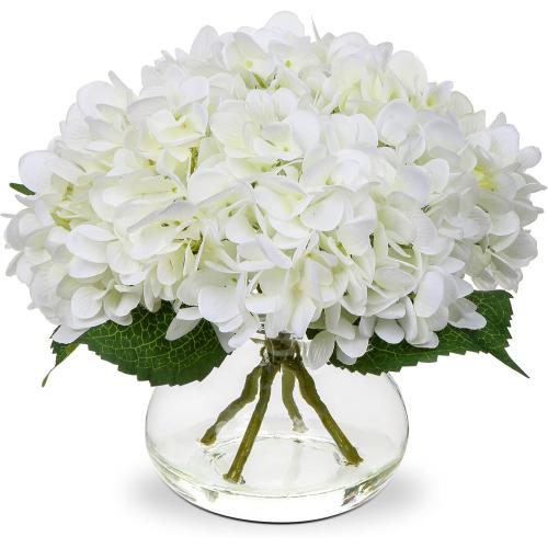 Hollyone Hydrangea Artificial Flowers with Vase White Silk Fake Flowers Arrangements in Glass Vase with Faux Water for Home Bathroom Office Table Centerpiece Shelf Decorations