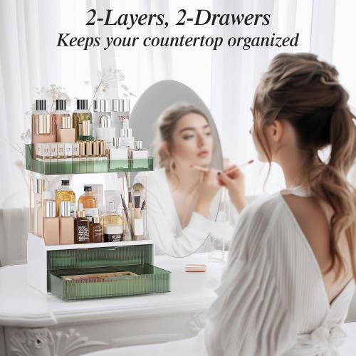Bathroom Counter Organizer, 2-Tier 2-Drawer Makeup Organizer Countertop, Easy to Install, Ideal for Bathroom Storage, Vanity, Perfume, Large Skincare, Present, and More, DarkGreen