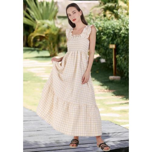 Size L chouyatou Women's Retro Plaid Smocked Dress Spaghetti Strap Flounce Long Dress