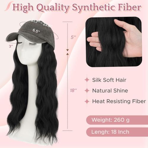 SEGO Hat Wigs, Hat with Hair Attached for Women Soft Denim Cap Wigs Long Wavy Curly Adjustable Baseball Cap With Hair Extensions -Gray 18-#01 Jet Black