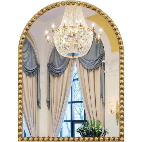 Arched Mirror for Wall, 24x32 Gold Arch Bathroom Vanity Mirror, Metal Flower Frame Decorative Arch Wall Mirror, Antique Gold Arched Mirror for Washroom, Bedroom, Entryway, Living Room