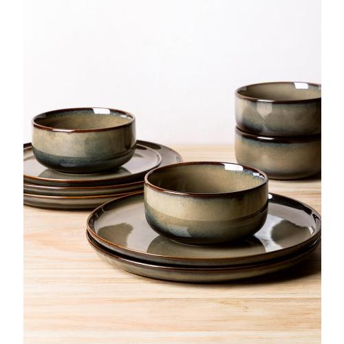Set of 18 Color Brown TheTerra Ceramic Dinnerware Sets for 6, 18 Pieces Handmade Reactive Glaze Plates and Bowls Set, Scratch Resistant Dish Set, Oven & Microwave & Dishwasher Safe, Coca Mocha